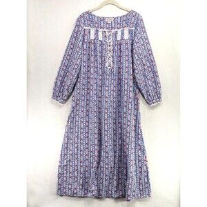 Lanz of Salzburg Nightgown S Blue Tyrolean Stripes Flannel Long Cottagecore Soft